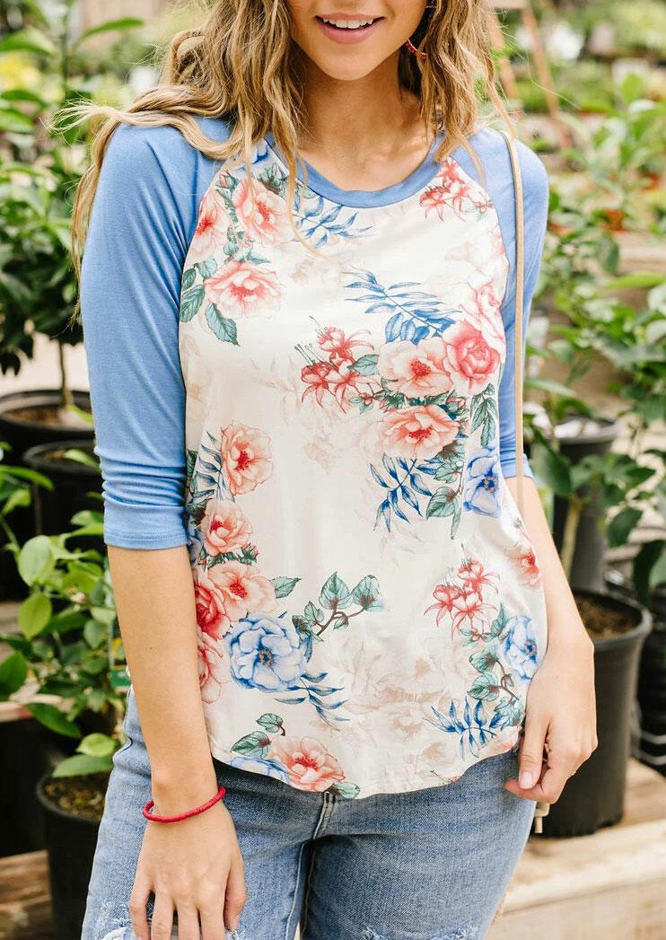 

Floral Splicing O-Neck T-Shirt Tee - Blue, 476636