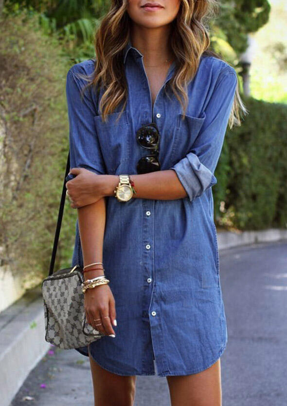 

Denim Pocket Button Asymmetric Mini Dress - Blue, 476673