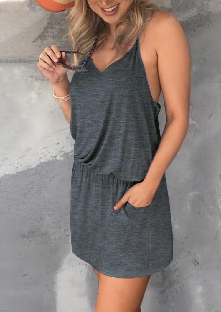 

Drawstring Ruffled Pocket Spaghetti Strap Mini Dress - Gray, 476709