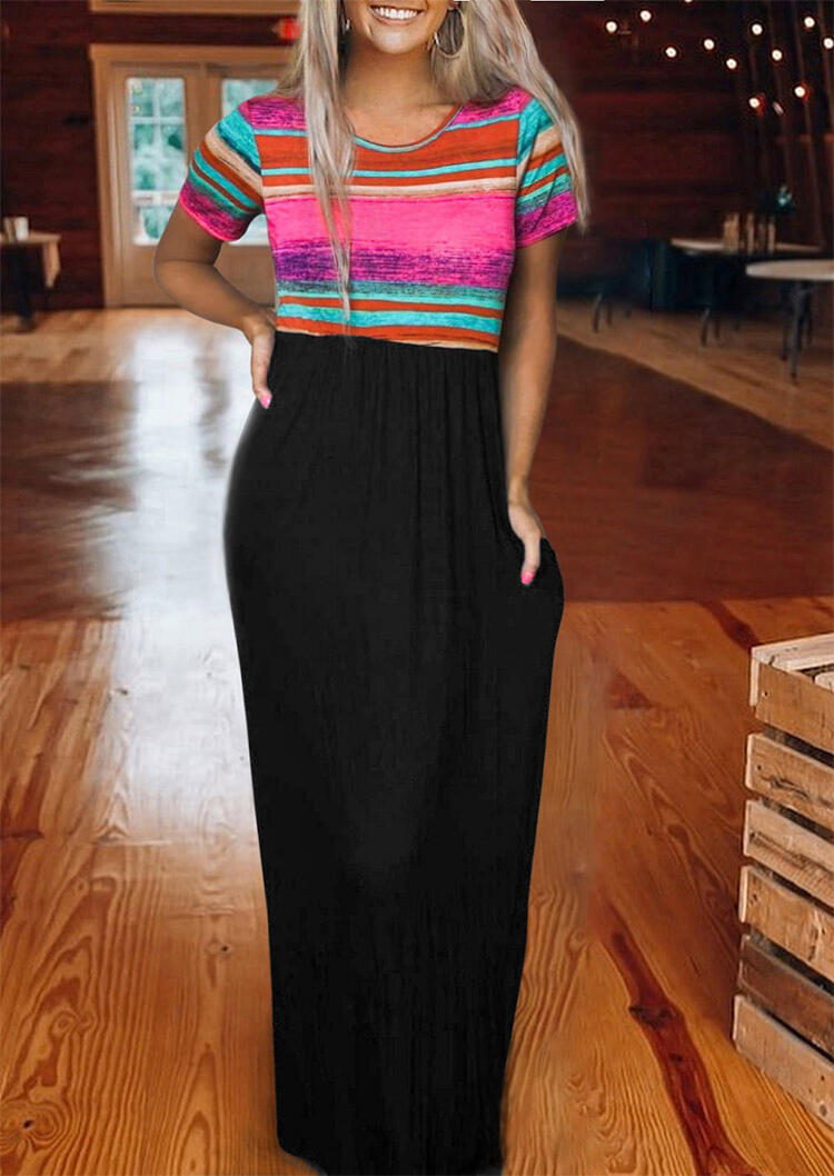 

Colorful Serape Striped Splicing Ruffled Pocket Maxi Dress - Black, 476717