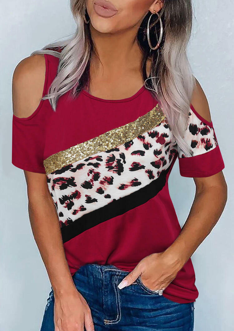 

Leopard Sequined Splicing Cold Shoulder Blouse - Burgundy, 475867