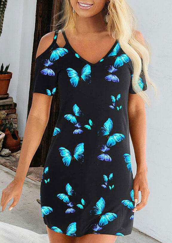 

Mini Dresses Butterfly Hollow Out Cold Shoulder Mini Dress in Black. Size