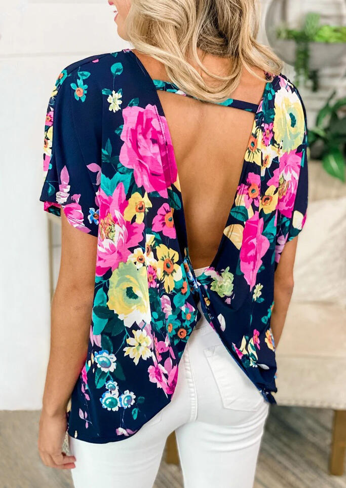 

Floral Twist Open Back Blouse - Navy Blue, 476710