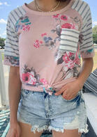 Floral Striped Splicing Pocket T-Shirt Tee
