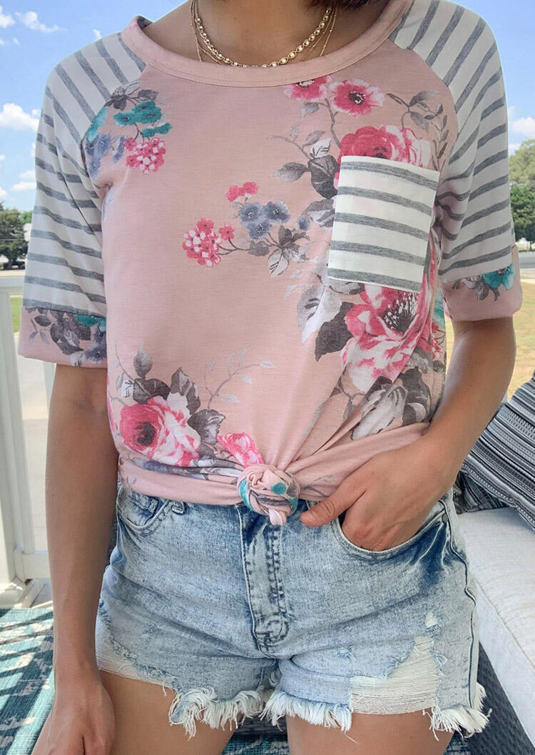 

Tees T-shirts Floral Striped Splicing Pocket T-Shirt Tee without Necklace in Pink. Size