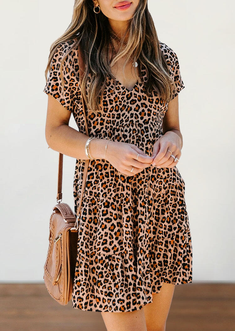 

Leopard Ruffled V-Neck Mini Dress without Necklace, 476619