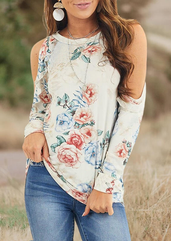 

Blouses Floral Cold Shoulder Blouse without Necklace in Cream. Size