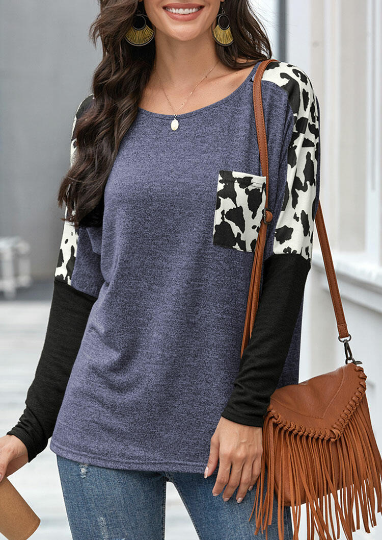 

Tees T-shirts Cow Leopard Pocket Color Block T-Shirt Tee in Blue. Size