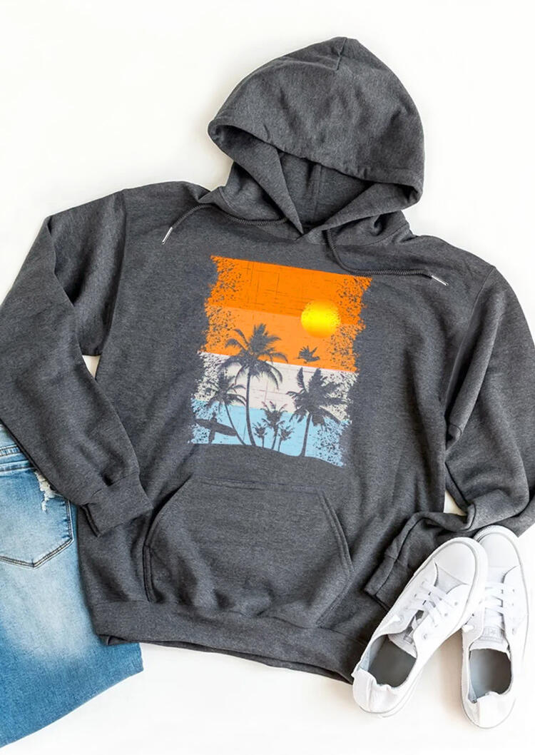 

Beach Sunset Tree Kangaroo Pocket Drawstring Hoodie - Gray, 476748
