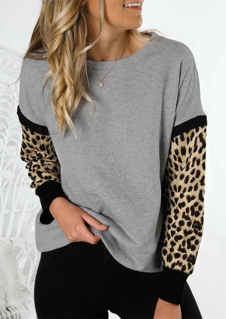 

Leopard Splicing O-Neck Sweatshirt - Gray, 476757