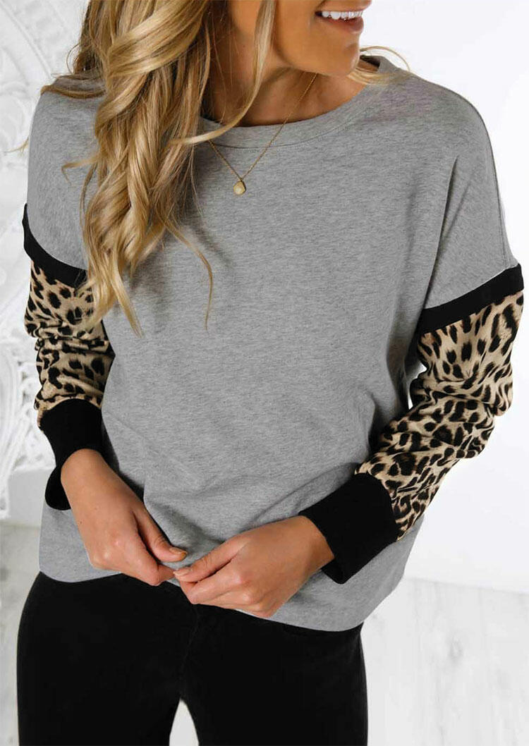 

Sweatshirts Leopard Splicing O-Neck Sweatshirt in Gray. Size