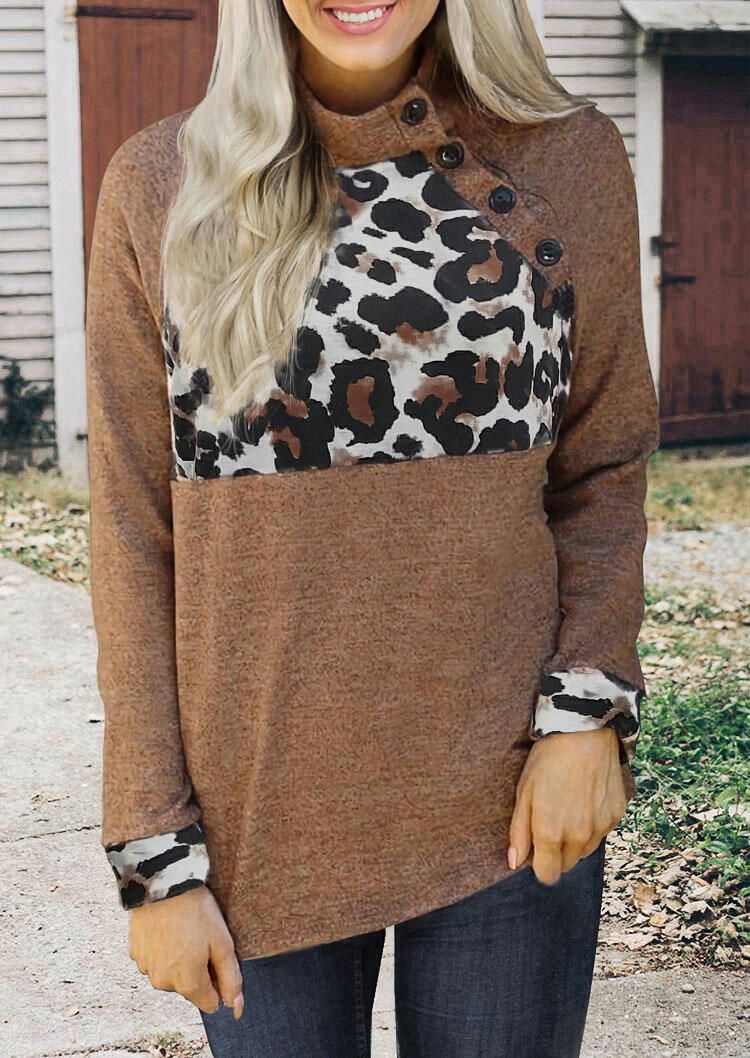 Leopard Splicing Button Blouse - Brown