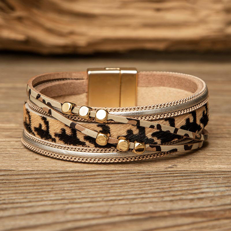 

Leopard Bead Multi-Layered PU Leather Braelet, Dark gray;khaki, 476836