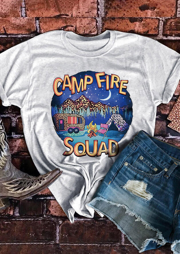

Campfire Squad O-Neck T-Shirt Graphic Tee in Gray. Size: S,M