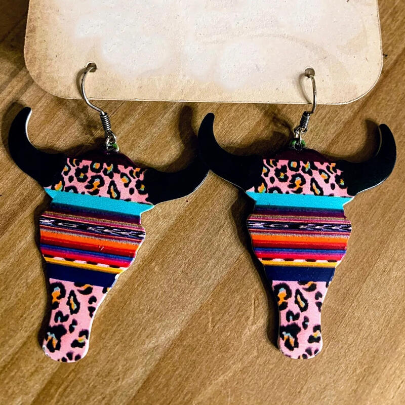 

Earrings Colorful Striped Leopard Steer Skull Earrings. Size, Multicolor