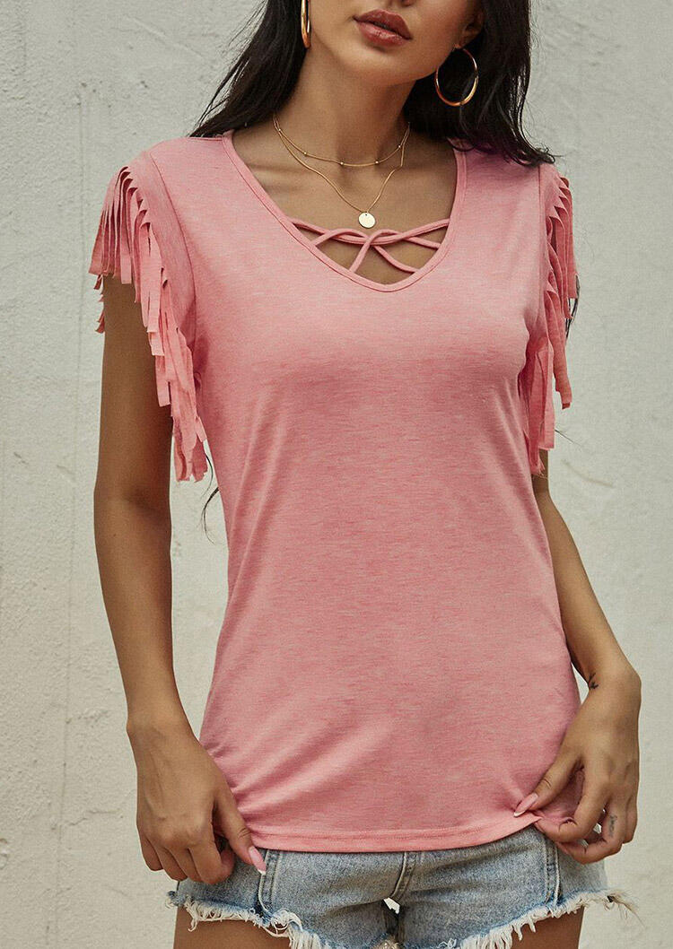 

Blouses Hollow Out Tassel Blouse without Necklace in Pink. Size