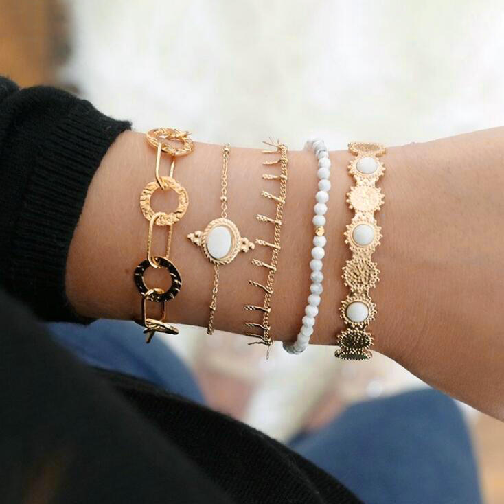 

Bracelet 5Pcs Alloy Bead Tassel Bracelet Set in Gold. Size