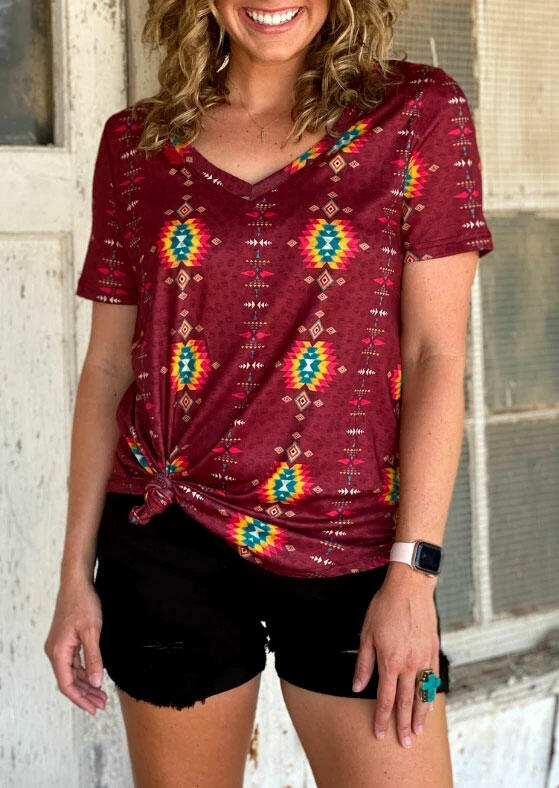 

Aztec Geometric T-Shirt Tee without Necklace - Burgundy, 476928