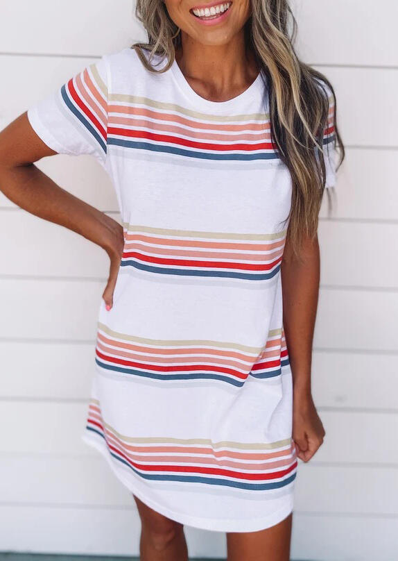 

Colorful Striped O-Neck Mini Dress - White, 476962