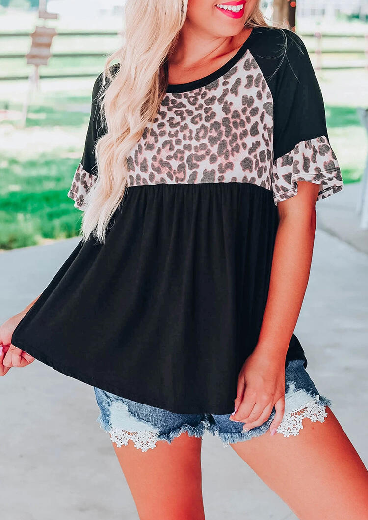 

Blouses Presale - Leopard Splicing Ruffled Blouse - Black. Size: S,M,,XL