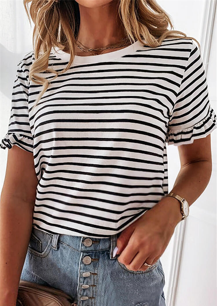 

Striped Ruffled O-Neck T-Shirt Tee without Necklace - Black, 476970