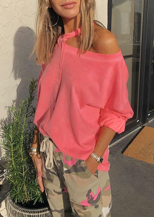 

Blouses Hollow Out One Shoulder Long Sleeve Blouse in Pink. Size