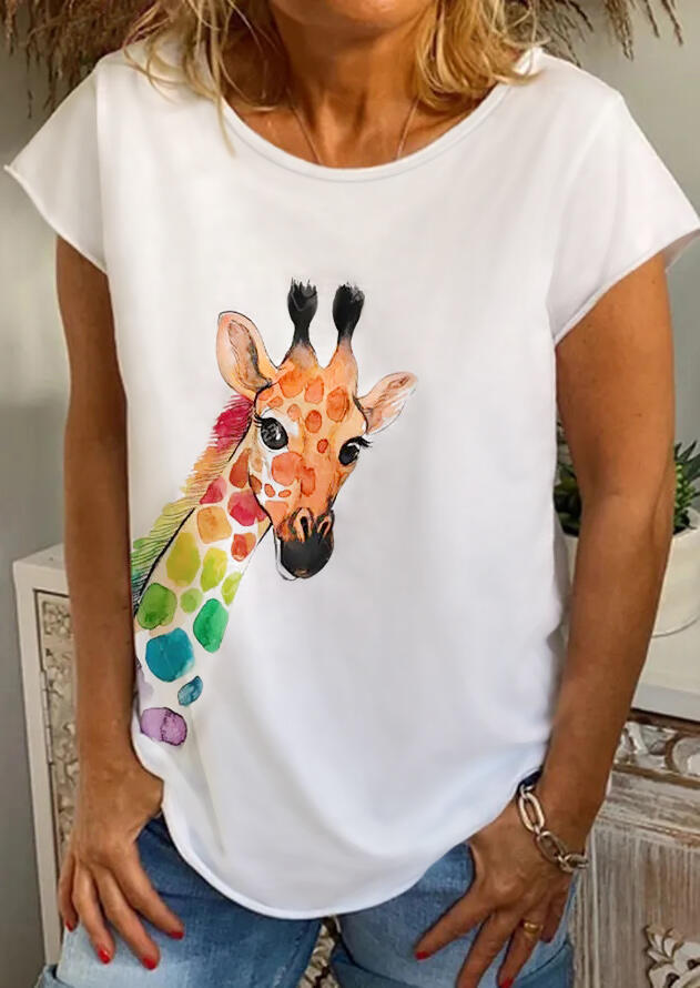 

Giraffe O-Neck T-Shirt Tee - White, 476843