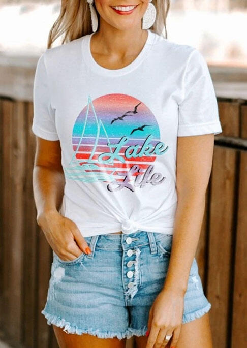 

Lake Life Sunset Sailboat T-Shirt Tee - White, 476926