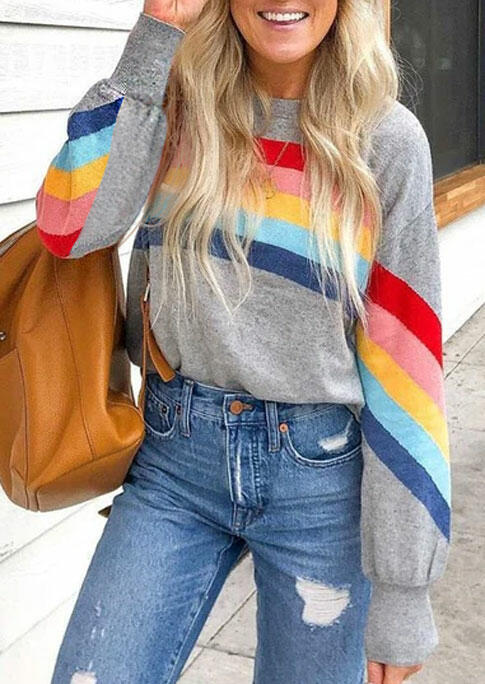 

Rainbow Striped Splicing Sweatshirt - Gray, 476982