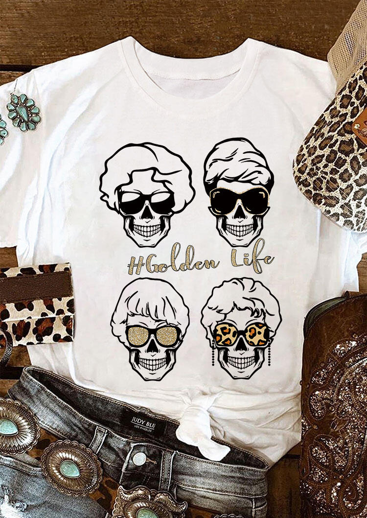 

Golden Life Leopard Skull Sunglasses T-Shirt Tee - White, 477012