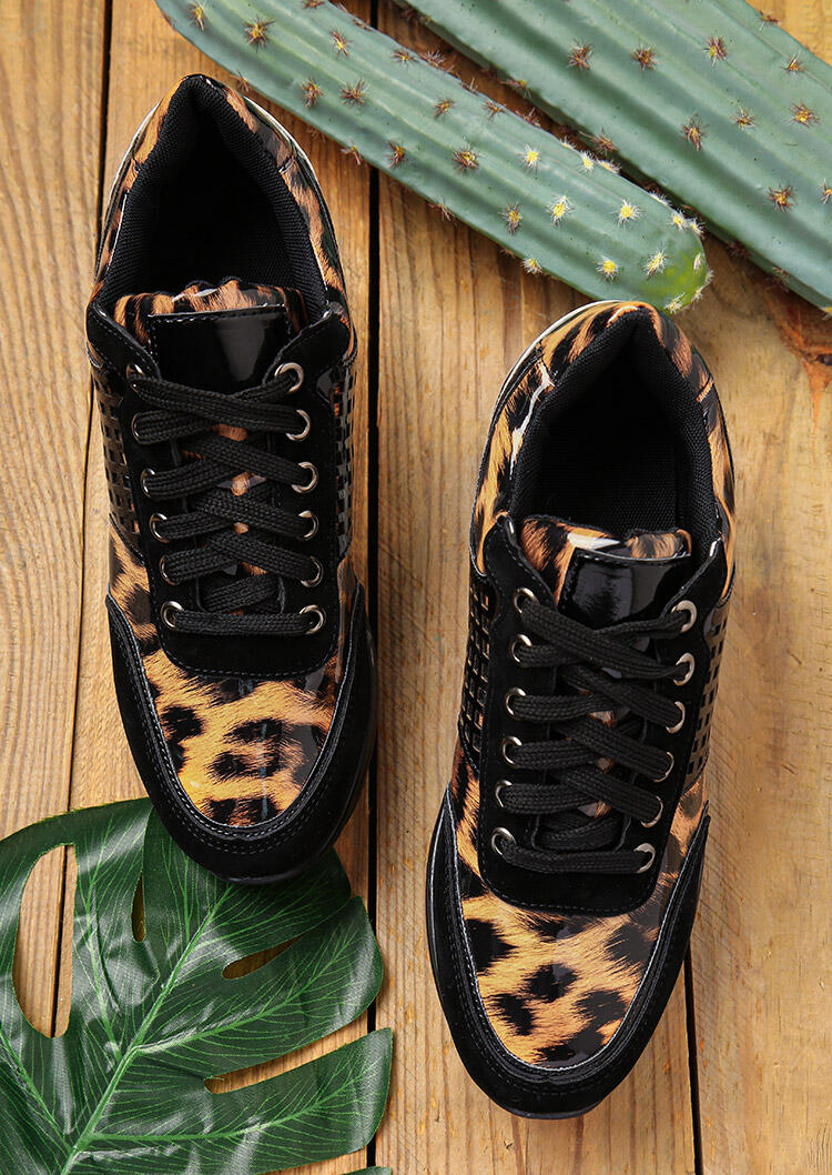 

Leopard Lace Up Round Toe Wedge Sneakers, 477016