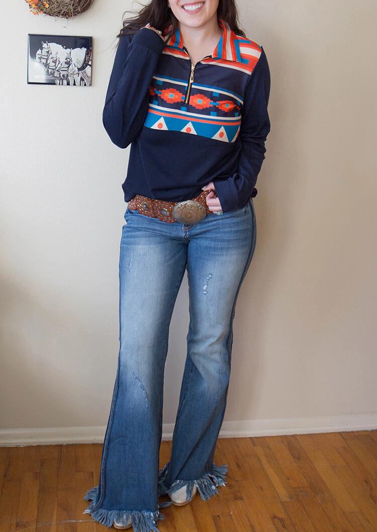 

Sweatshirts Aztec Geometric Zipper Collar Sweatshirt in Navy Blue. Size