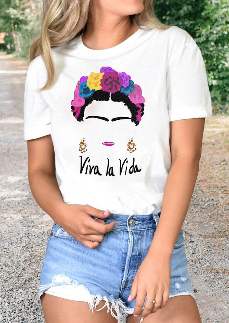 

Frida Kahlo Viva La Vida Flower T-Shirt Tee - White, 477109