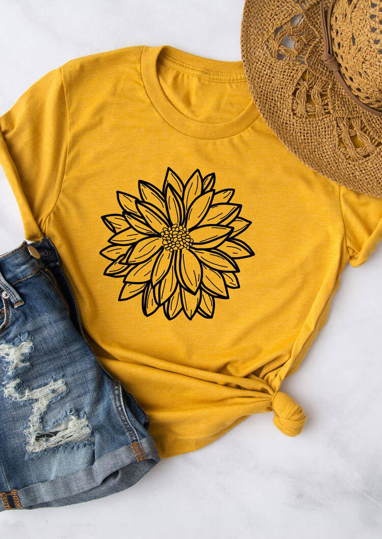

Dahlia Floral O-Neck T-Shirt Tee - Yellow, 477113