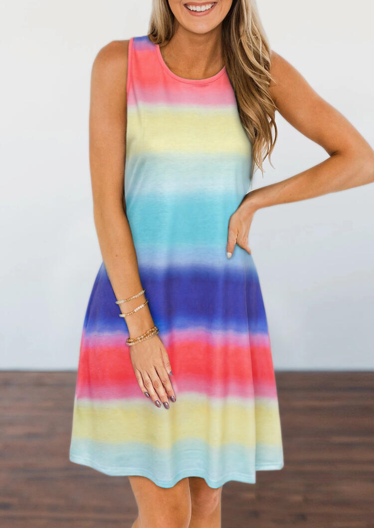 

Gradient Rainbow Striped O-Neck Mini Dress, Multicolor, 476747