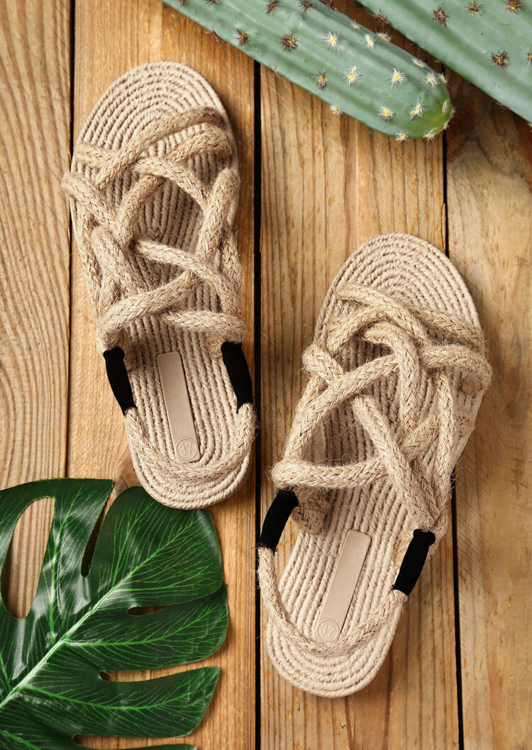 

Weave Criss-Cross Round Toe Slip On Flat Sandals - Light Khaki, 476892