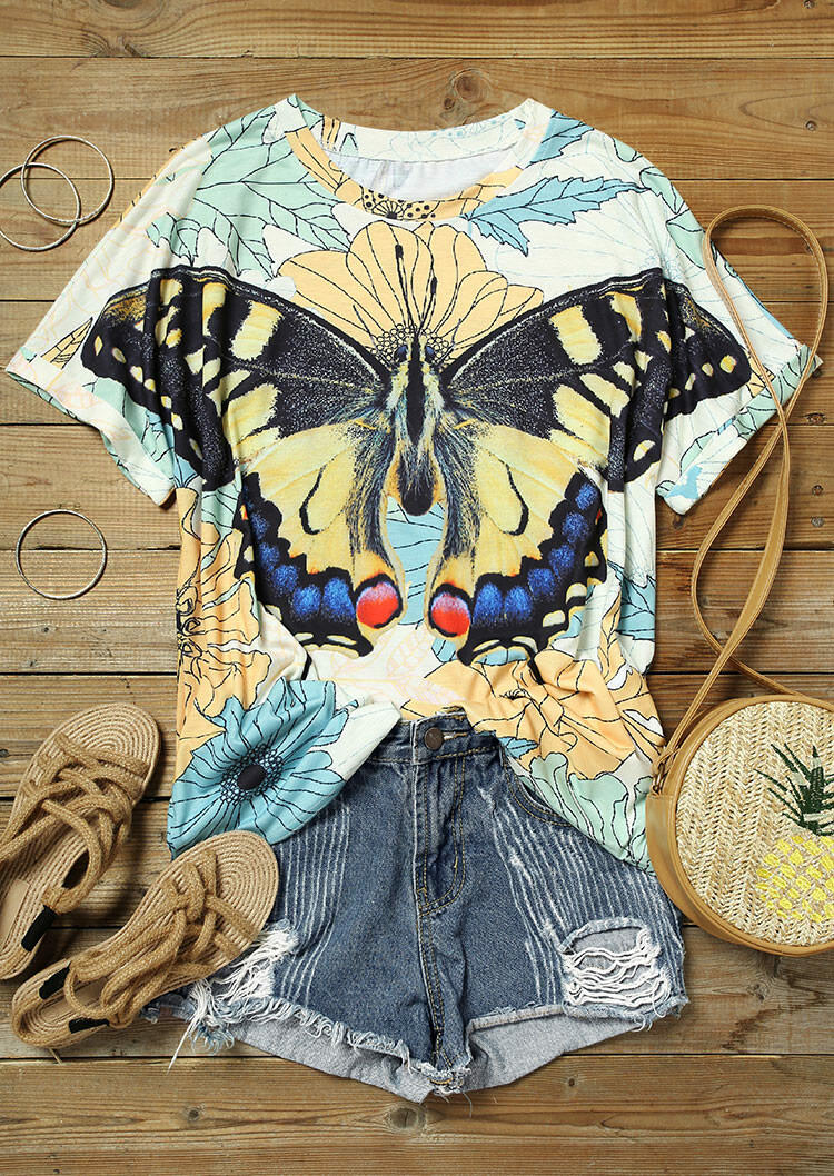 

Butterfly Floral O-Neck T-Shirt Tee, Multicolor, 477044