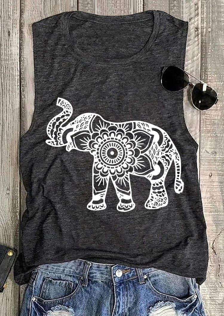 

Mandala Elephant O-Neck Tank - Dark Grey, 477074