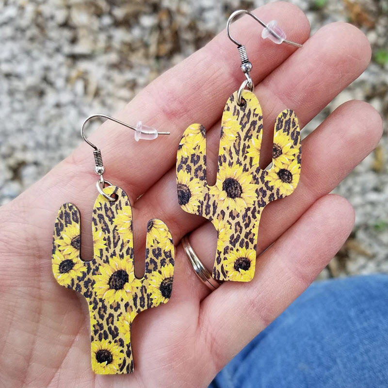

Leopard Sunflower Cactus Wooden Pendant Earrings, 477145