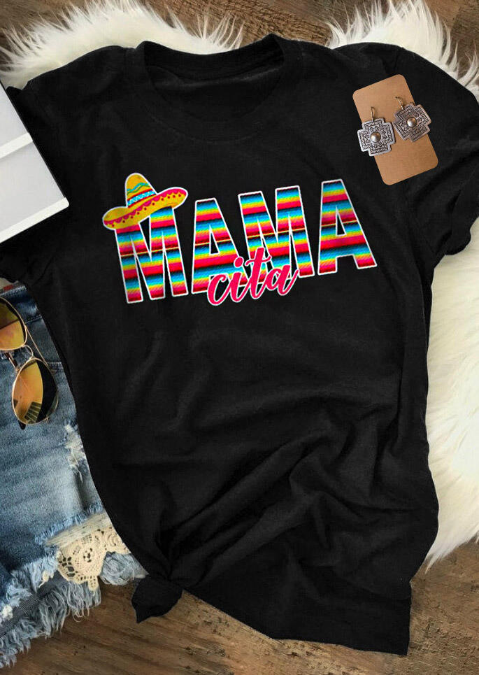 

Tees T-shirts Hat Colorful Serape Striped Mamacita T-Shirt Tee in Black. Size