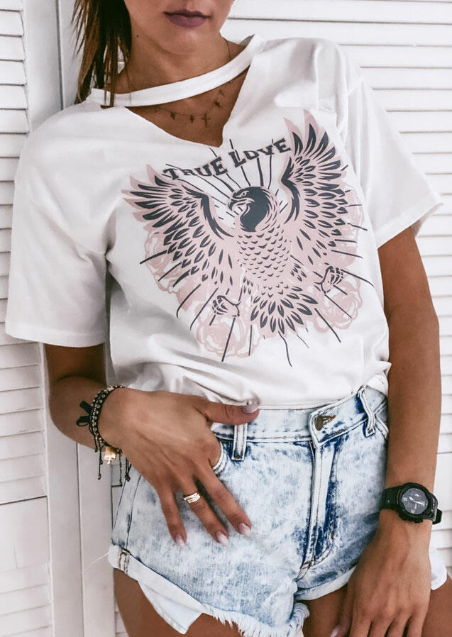

True Love Eagle Hollow Out T-Shirt Tee - White, 477198