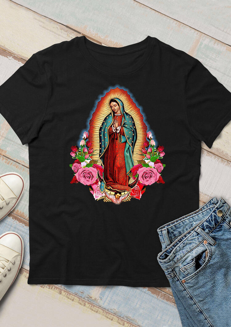 

Our Lady Of Guadalupe Floral T-Shirt Tee - Black, 477214