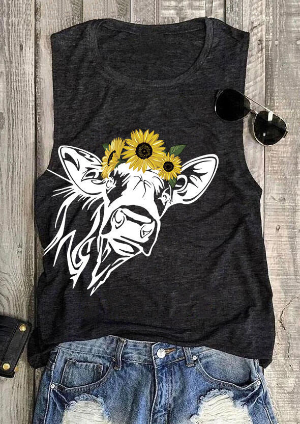 

Tank Tops Sunflower Cow O-Neck Tank in Dark Grey. Size