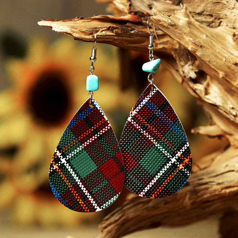 

Plaid Irregular Turquoise Leather Earrings, Multicolor, 477141