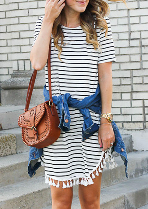 Striped Tassel Splicing Irregular Mini Dress