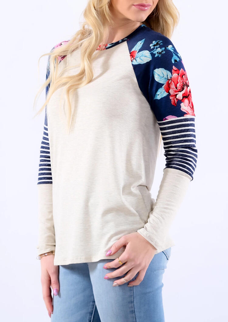 

Blouses Floral Striped Splicing Long Sleeve Blouse in Beige. Size