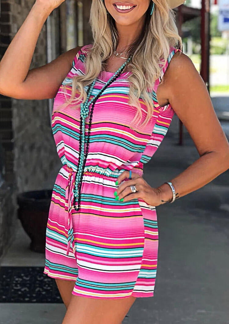 

Presale - Colorful Striped Drawstring Romper without Necklace, Multicolor, 477291