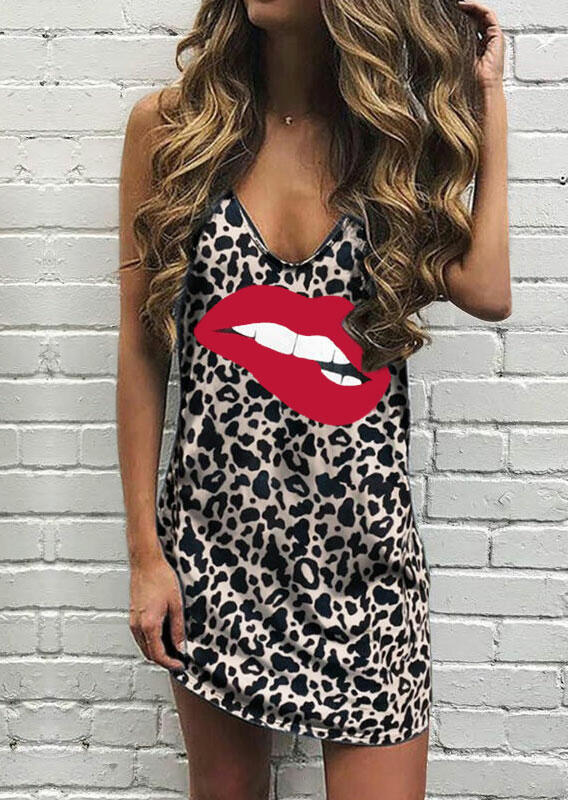 Mini Dresses Leopard Lips Spaghetti Strap Mini Dress without Necklace in Leopard. Size: S,M,L,XL