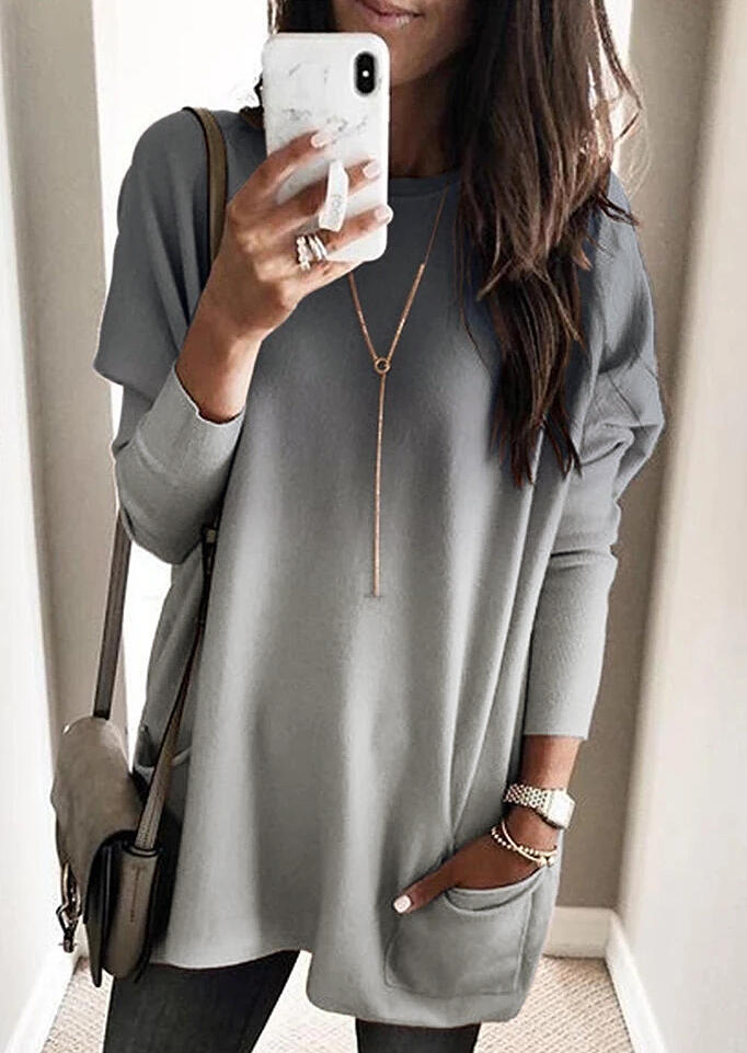 Mini Dresses Gradient Color Long Sleeve Pocket Mini Dress without Necklace in Gray. Size: L,M,S,XL