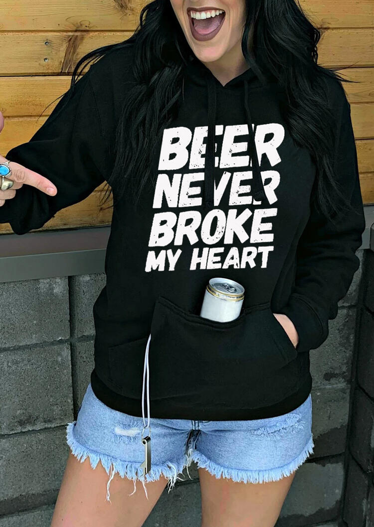

Hoodies Beer Never Broke My Heart Kangaroo Pocket Hoodie in Black. Size